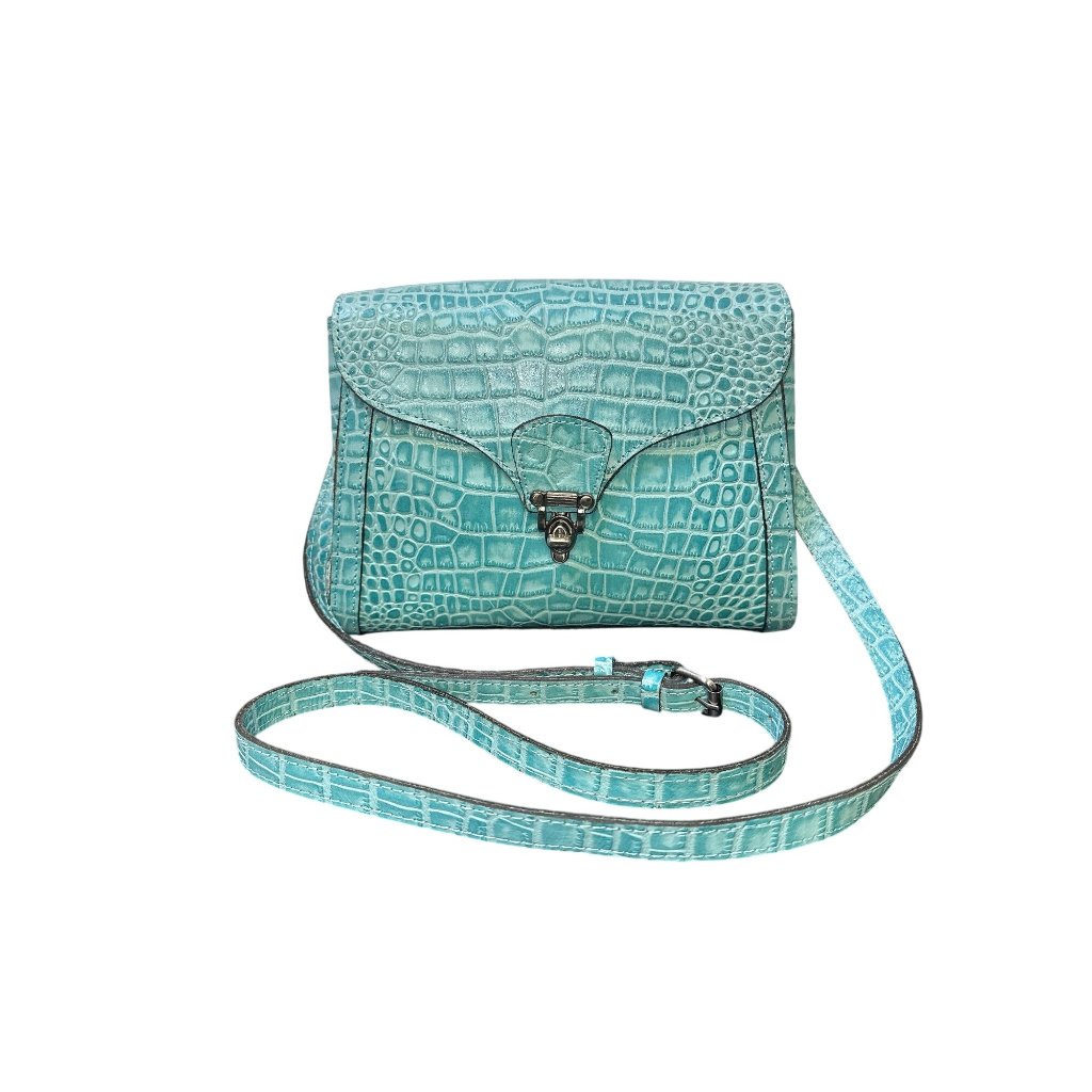 Patricia Nash Crocodile Embossed Leather Teal Handbag W/Adjustable Strap